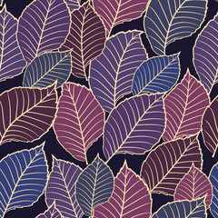 Seamless vector floral pattern with abstract tree leaves in blue and purple colors. Colorful endless background in retro style