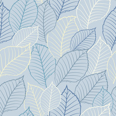 Seamless vector floral pattern with abstract outline tree leaves in pastel blue and white colors. Endless background in retro style