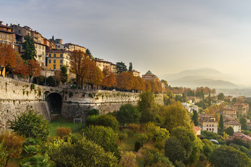 View of Bergamo with Sant Andrea platform of Venetian Walls at morning. Italy