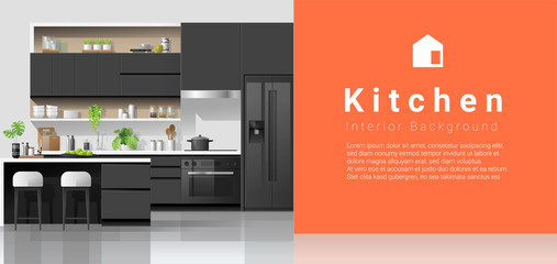 Modern black and white kitchen with colorful wall background , vector , illustration - obrazy, fototapety, plakaty