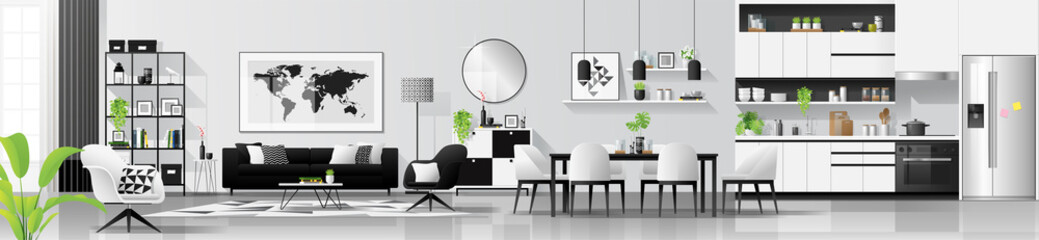 Modern black and white interior background with living room , dining room and kitchen combination , vector , illustration