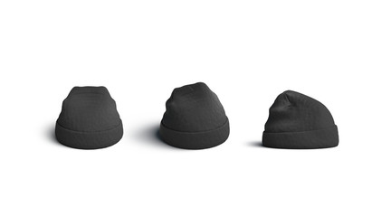 Black beanie mockups set, side, front and back view isolated, 3d rendering. Empty gray knitted wear sport hat mockup. Clear casual cap for winter. Blank grey textile fashion clothing template.