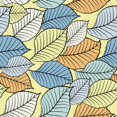 Seamless vector floral pattern with abstract tree leaves in pastel yellow, blue, white colors. Colorful endless background in retro style