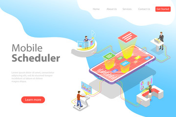 Flat isometric vector landing page template of mobile scheduler, business planning, schedule, meeting appointment, agenda