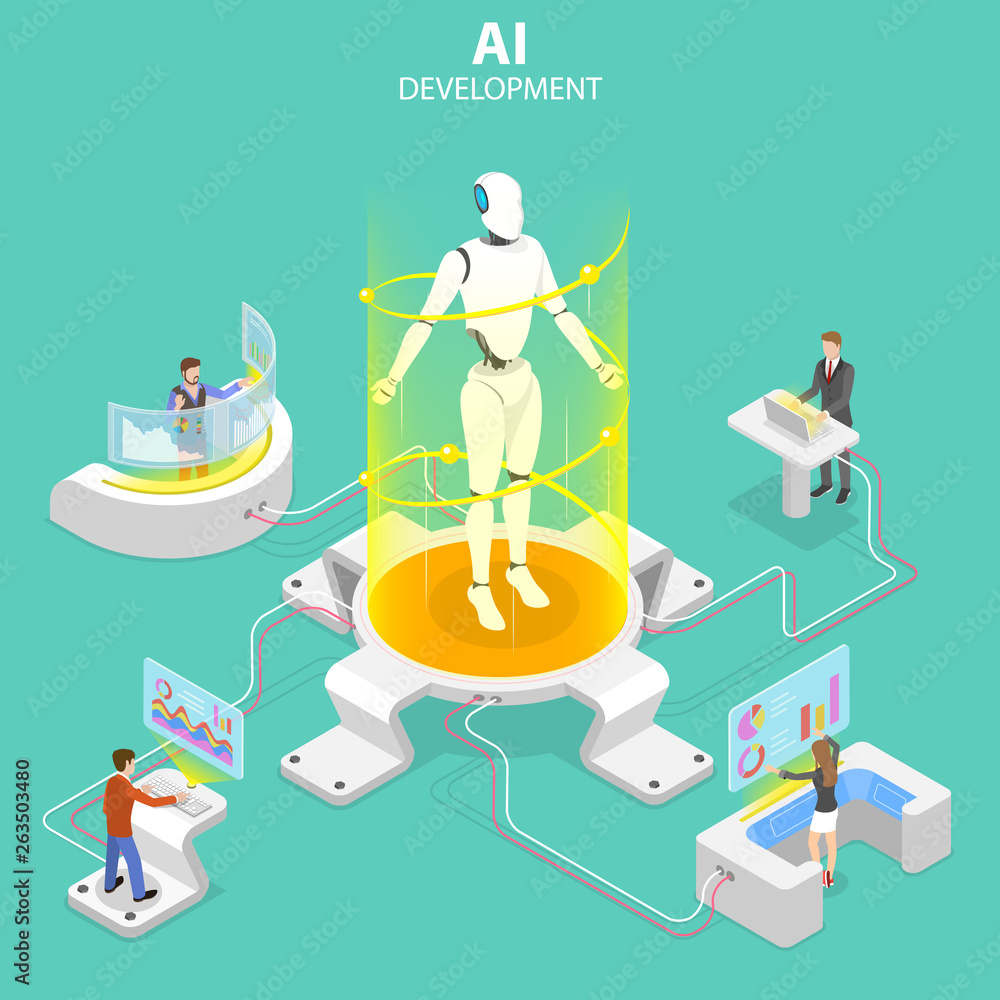 Poster flat isometric vector concept of ai development, robot and human cooperation, artificial intelligenc