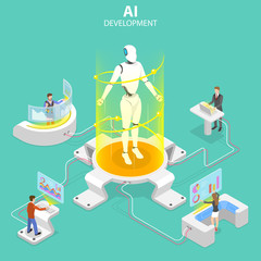 Flat isometric vector concept of AI development, robot and human cooperation, artificial intelligence, rpa, iot.