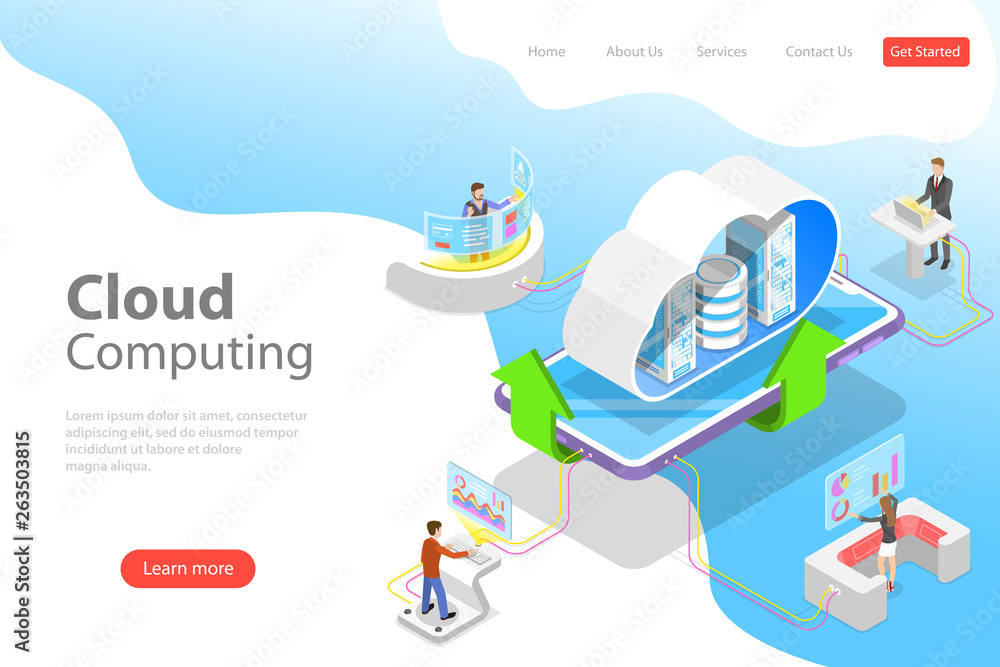 Poster isometric flat vector landing page template of cloud computing technology, data storage and hosting,