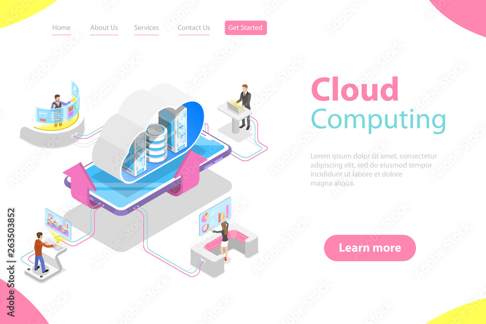 Poster isometric flat vector landing page template of cloud computing technology, data storage and hosting,