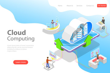 Isometric flat vector landing page template of cloud computing technology, data storage and hosting, big data.