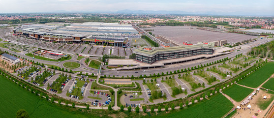 Aerial view of the Arese shopping center. The center. Shopping pole, famous brands. Alfa Romeo complex, the plant was one of the production sites of the Italian car. 04/21/2019. Arese. Milan, Italy