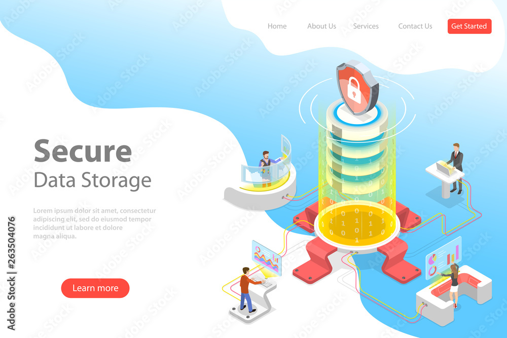 Poster flat isometric vector landing page template of secure online storage, big data cloud computing servi