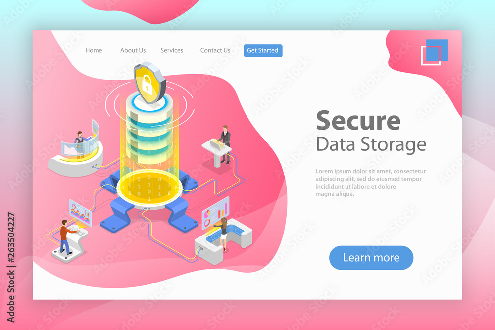 Poster flat isometric vector landing page template of secure online storage, big data cloud computing servi