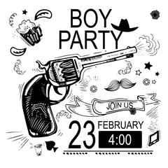 Cowboy party invitation.Black and white