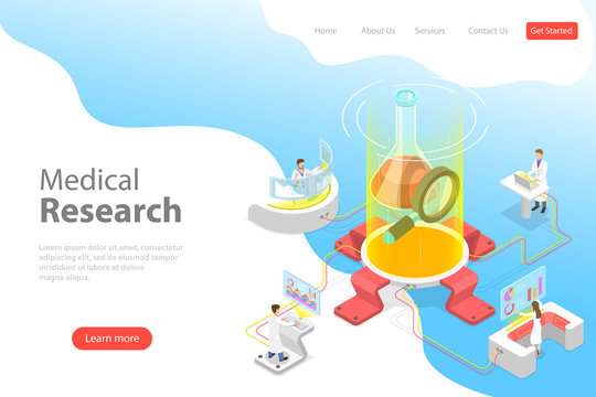 Isometric flat vector landing page template of medical research, science technology, medicine and chemical engineering.