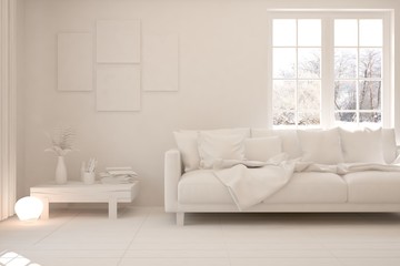 Stylish room in white color with sofa and winter landscape in window. Scandinavian interior design. 3D illustration