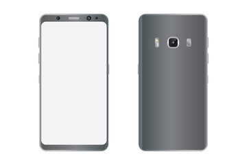 Grey metallic color smartphone back and front view with grey screen. Metallic smartphone white screen front and back side, vector. 