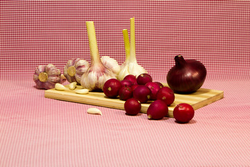 fresh red radish, red onion and garlic