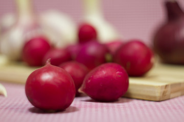 fresh red radish, red onion and garlic