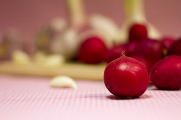 fresh red radish, red onion and garlic