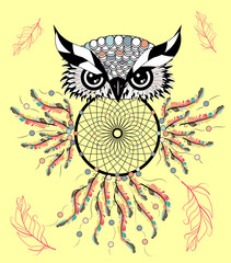 Color cute decorative ornamental Owl fall in love, doodle.
