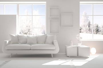 Fototapeta na wymiar Stylish room in white color with sofa and winter landscape in window. Scandinavian interior design. 3D illustration