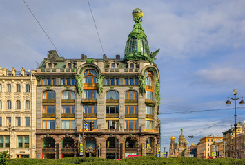 Fototapeta na wymiar Ornate art deco facade of Zinger Singer company historic building or House of Books on Nevsky Prospect in Saint Petersburg, Russia