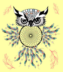 Color cute decorative ornamental Owl fall in love, doodle.