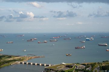 Singapore anchorage area panorama opposite Gardens by the Bay with many ships on an anchorage	 - 263506213