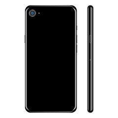 Black realistic glossy smartphone, back and side view on white background. Smartphone black color, back and side view, vector icon.