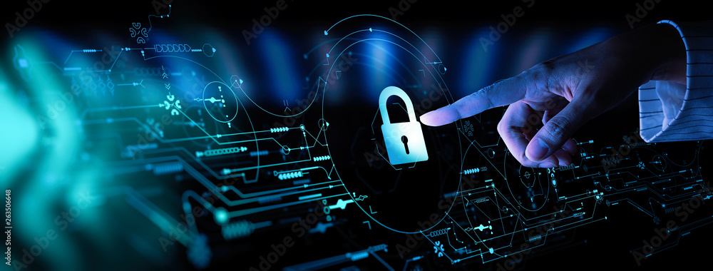 Poster data protection cyber security privacy business with woman hand pointing with ui.internet technology