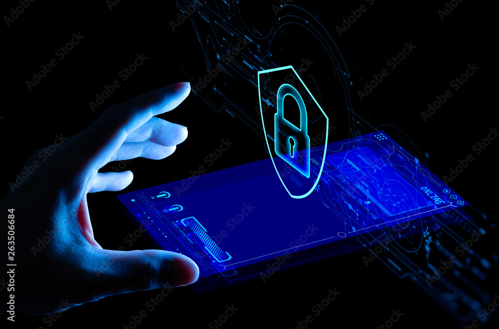 Poster Data protection Cyber Security Privacy Business with Woman hand pointing with UI new smartphone.Internet Technology Concept.