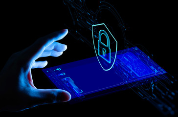 Data protection Cyber Security Privacy Business with Woman hand pointing with UI new smartphone.Internet Technology Concept.