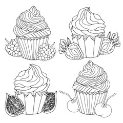 Set of sketch drawn black contour cupcakes decorated with cream, fruits, isolated on white background. Template for coloring or design postcards, greetings.