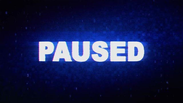 Paused Text Digital Noise Twitch and Glitch Effect Tv Screen Loop Animation Background. Login and Password Retro VHS Vintage and Pixel Distortion Glitches Computer Error Message.
