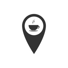 Map pointer with hot coffee cup icon isolated. Flat design. Vector Illustration