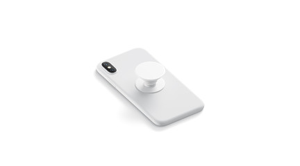 Blank white phone pop socket sticked on mobile mock up, lying isolated, side view, 3d rendering. Empty popsocket round holder for smartphone mock up. Clear stand attach grip on the back of mobile.