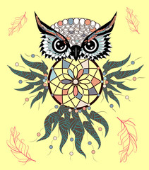 Boho style colored owl with tribal arrows. Bohemian tribal owl with a dream catcher. Totem owl.