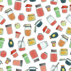 Vector seamless pattern of colored jam jars. Colorful vintage repeat background with preserved food in pots isolated on white background.  Watercolor effect.