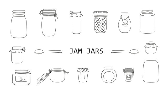 Vector set of black and white jam jars isolated on white background. Monochrome collection of preserved food in pots.