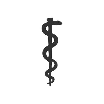 Rod of asclepius snake coiled up silhouette icon. Medicine and health care concept. Emblem for drugstore or medicine, pharmacy snake symbol. Flat design. Vector Illustration