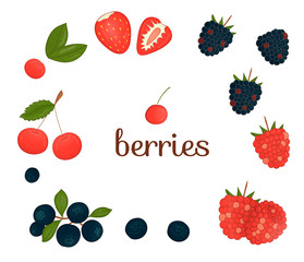 Vector set of colored berries isolated on white background. Colorful collection of strawberry, raspberry, blueberry, blackberry, cherry for natural organic food design.