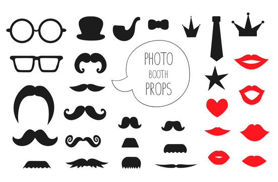 Vector set of photo booth props. Illustration of moustache, glasses, lips, heart, crown, pipe, speech bubble, hat, tie for holiday or party. Moustache season poster. Photo booth props picture