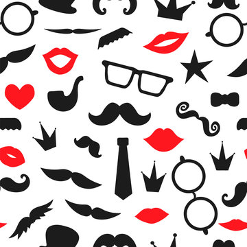 Vector seamless pattern of photo booth props. Repeating background of moustache, glasses, lips, heart, crown, pipe, speech bubble, hat, tie for holiday or party. Moustache season backdrop