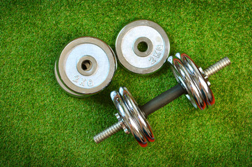 Dumbbells on a green artificial grass