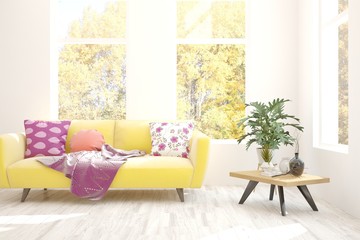 Stylish room in white color with sofa and autumn landscape in window. Scandinavian interior design. 3D illustration