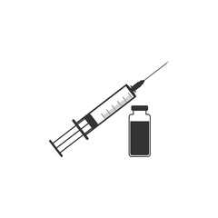 Medical syringe with needle and vial icon isolated. Concept of vaccination, injection. Flat design. Vector Illustration