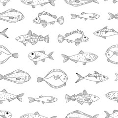 Vector black and white seamless pattern of sea fish. Monochrome repeating background with halibut, rock-fish, mackerel, herring, flatfish, sprat, grouper, cod. Underwater illustration.