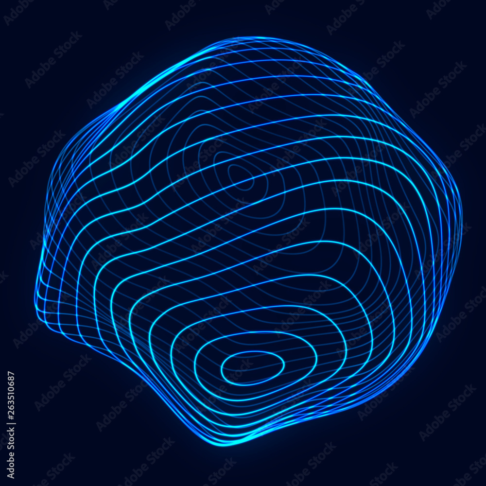 Poster Sphere with twist lines. Background for business event. Wireframe technology blue sphere. 3d rendering.