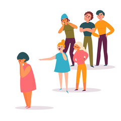 Sad teenage boy sitting on floor surrounded by classmates mocking him, scoffing, taking photos on smartphones. Problem of mockery and bullying at school. Flat cartoon colorful vector illustration