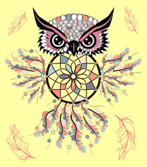 Boho style colored owl with tribal arrows. Bohemian tribal owl with a dream catcher. Totem owl.